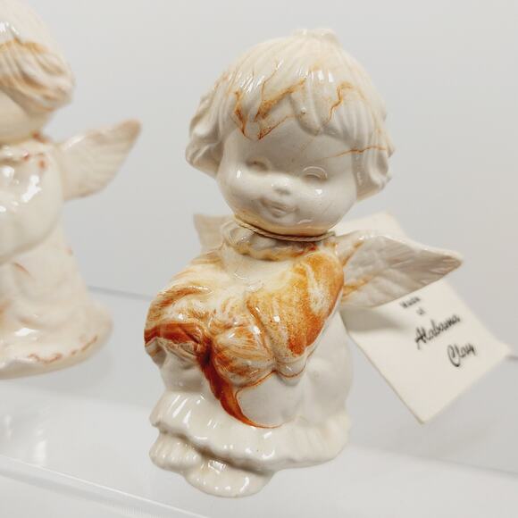Alabama Clay Pottery 4” Pair Of Praying Angels Figurine Orange Swirls Statue - Picture 8 of 16
